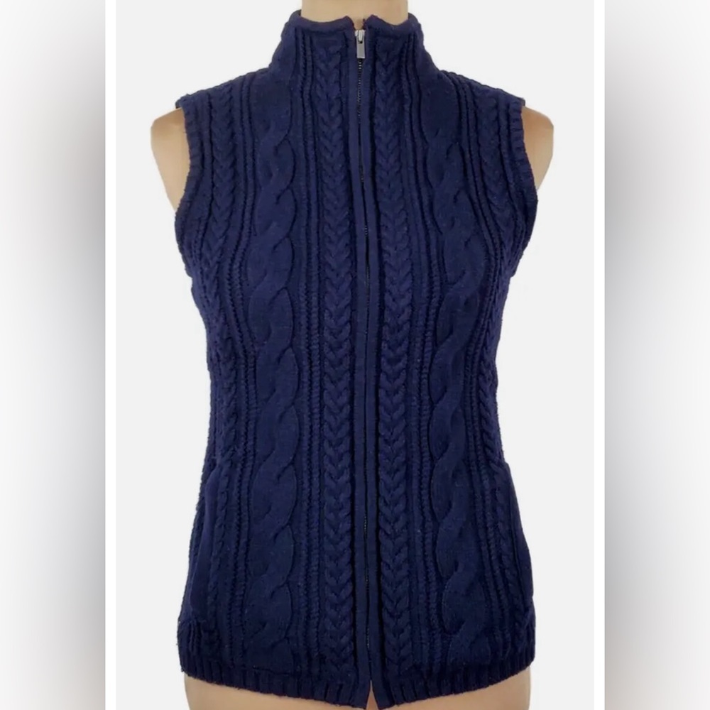 Talbots~Womens petite M - Navy Heavyweight Cable Knit Full Zip Sweater-Vest